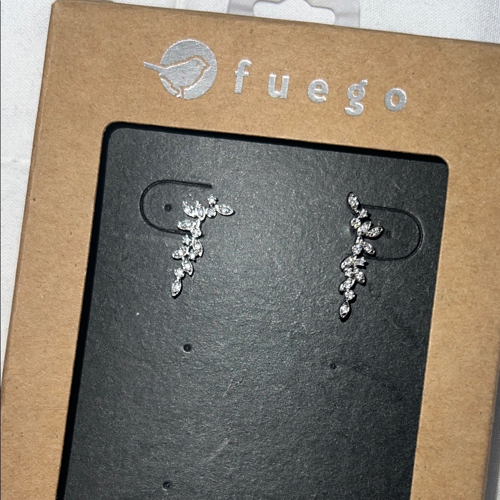 Fuego CZ Crawler‎ Leaf Silver Earrings Sparkle Crystal Dangle Drop - Picture 2 of 5